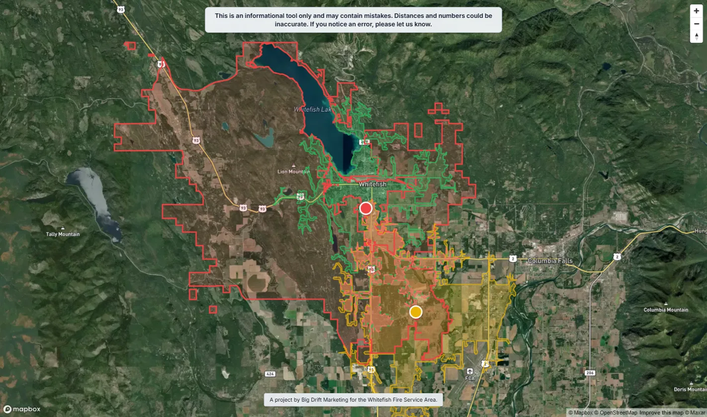 The WFSA mapping tool with the Fire Service Area boundary outlined in red, the area within five road miles of Station 21 shaded green, and the area within five road miles of Station 22 shaded yellow. Both shaded areas follow the road network rather than forming circles.